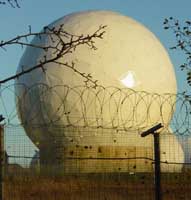 One of the approximately 30 radomes at the Echelon station in Menwith Hill, England. A radome covers an antenna to protect it from the weather and disguise the direction it is pointing.